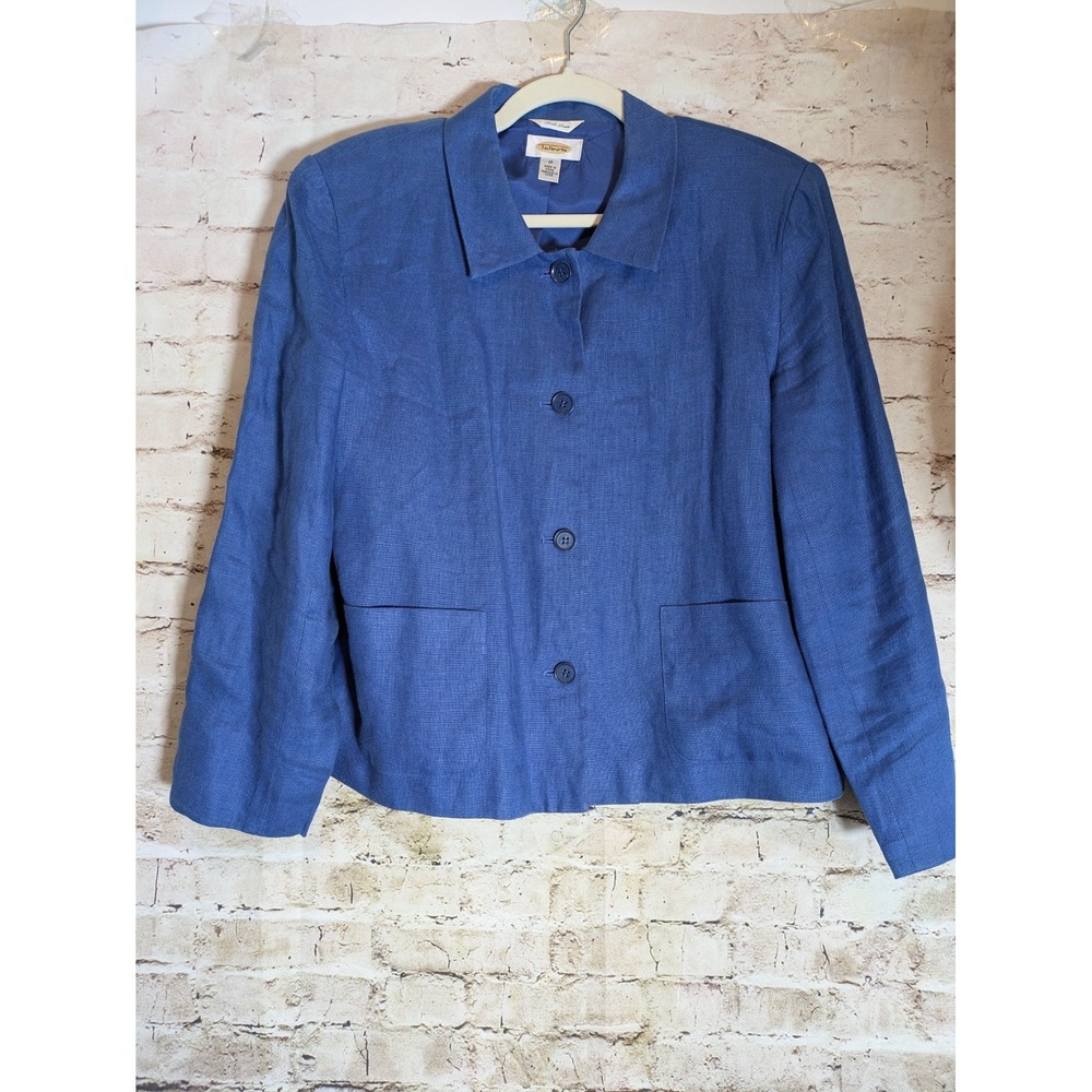 Talbots Irish Linen Blazer 12 Three Button Drop Pockets‎ Bright Blue Vintage